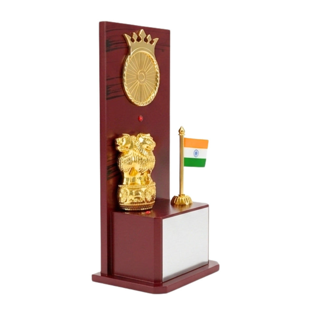 Premium Wooden Patriotic Memento Award | Golden Ashok Stambha & Indian Flag Table Memento M-480-A