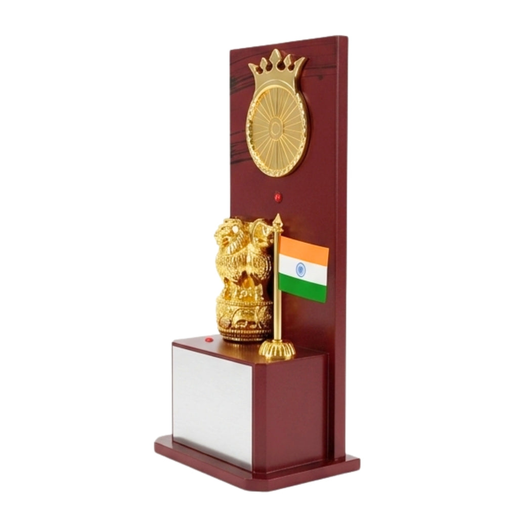 Premium Wooden Patriotic Memento Award | Golden Ashok Stambha & Indian Flag Table Memento M-480-A