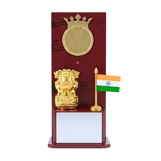 Premium Wooden Patriotic Memento Award | Golden Ashok Stambha & Indian Flag Table Memento M-480-A