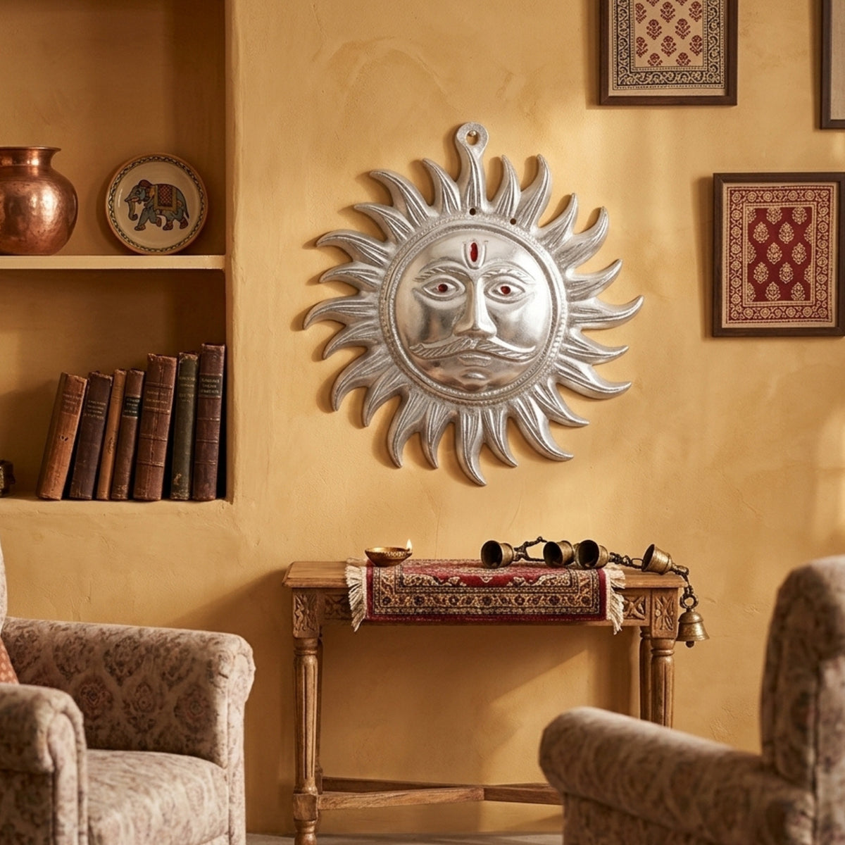 Auspicious White Metal Surya Dev Sun Face Wall Hanging – Sacred Spiritual Vastu & Feng Shui Home Decor Plaque W-60-A