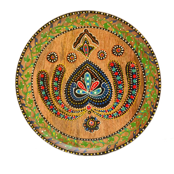 Hand-Painted Paisley Mandala Wooden Decorative Plate with Leaf Border - WD-137-A