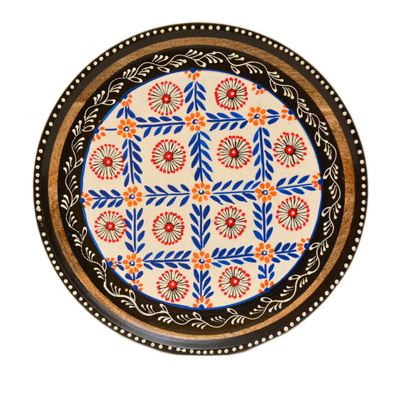 Hand-Painted Floral Grid Wooden Decorative Plate - WD-139-A