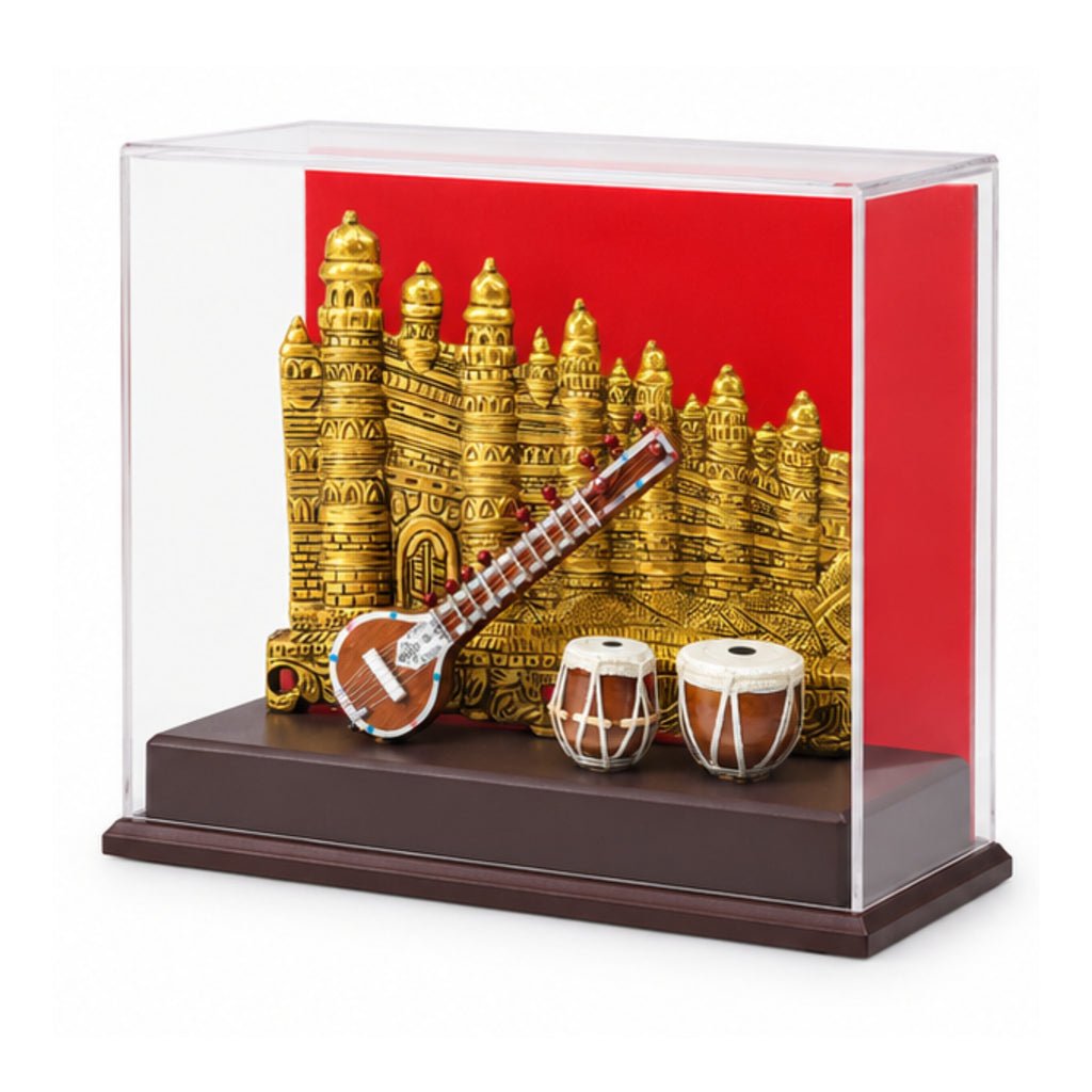 Premium Handcrafted Indian Classical Music Heritage Souvenir | Golden Gwalior Fort & Miniature Sitar-Tabla Replica Set in Acrylic Display Case GC-W-169-D