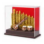 Premium Handcrafted Indian Classical Music Heritage Souvenir | Golden Gwalior Fort & Miniature Sitar-Tabla Replica Set in Acrylic Display Case GC-W-169-D