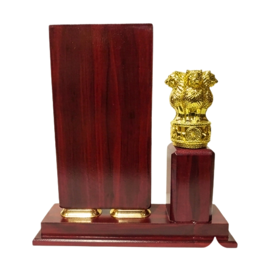 Premium Wooden Recognition Shield with Golden Plate and Fiber Ashoka Lion Emblem Pillar M-615-A
