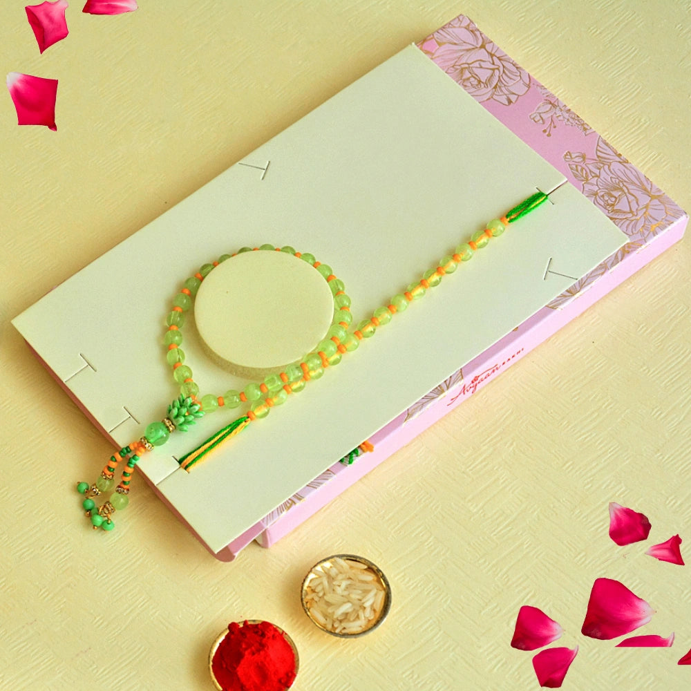 Elegant Bhaiya Bhabhi Rakhi Set – RK-133 | Beaded Green Thread Rakhi with Matching Bracelet for Bhabhi
