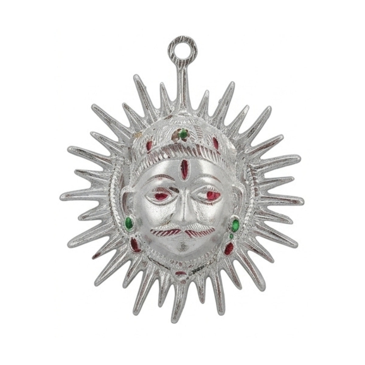 Handcrafted White Metal Surya Dev Sun Face Wall Hanging – Traditional Silver-Finish Vastu & Feng Shui Decorative Plaque with Enamel Highlights W-181-A