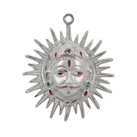 Handcrafted White Metal Surya Dev Sun Face Wall Hanging – Traditional Silver-Finish Vastu & Feng Shui Decorative Plaque with Enamel Highlights W-181-A
