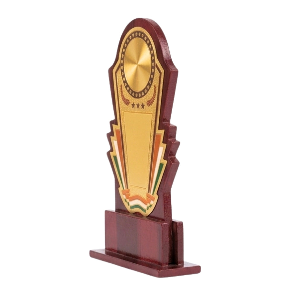 Premium Wooden Tricolor Memento Award | Elegant Golden Memento with Indian Flag Accents M-243