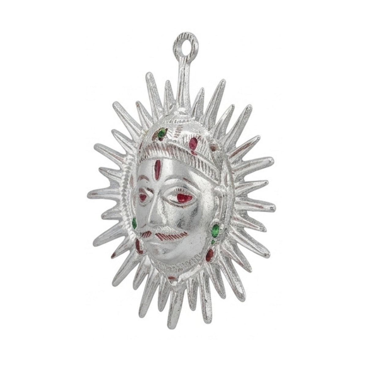 Handcrafted White Metal Surya Dev Sun Face Wall Hanging – Traditional Silver-Finish Vastu & Feng Shui Decorative Plaque with Enamel Highlights W-181-A