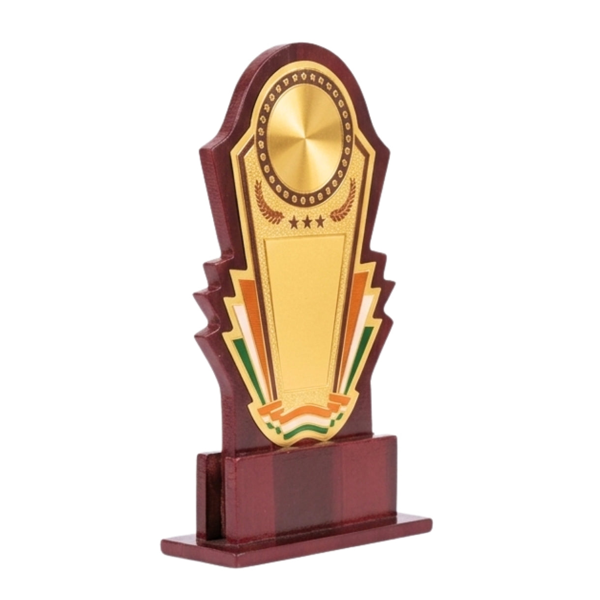 Premium Wooden Tricolor Memento Award | Elegant Golden Memento with Indian Flag Accents M-243