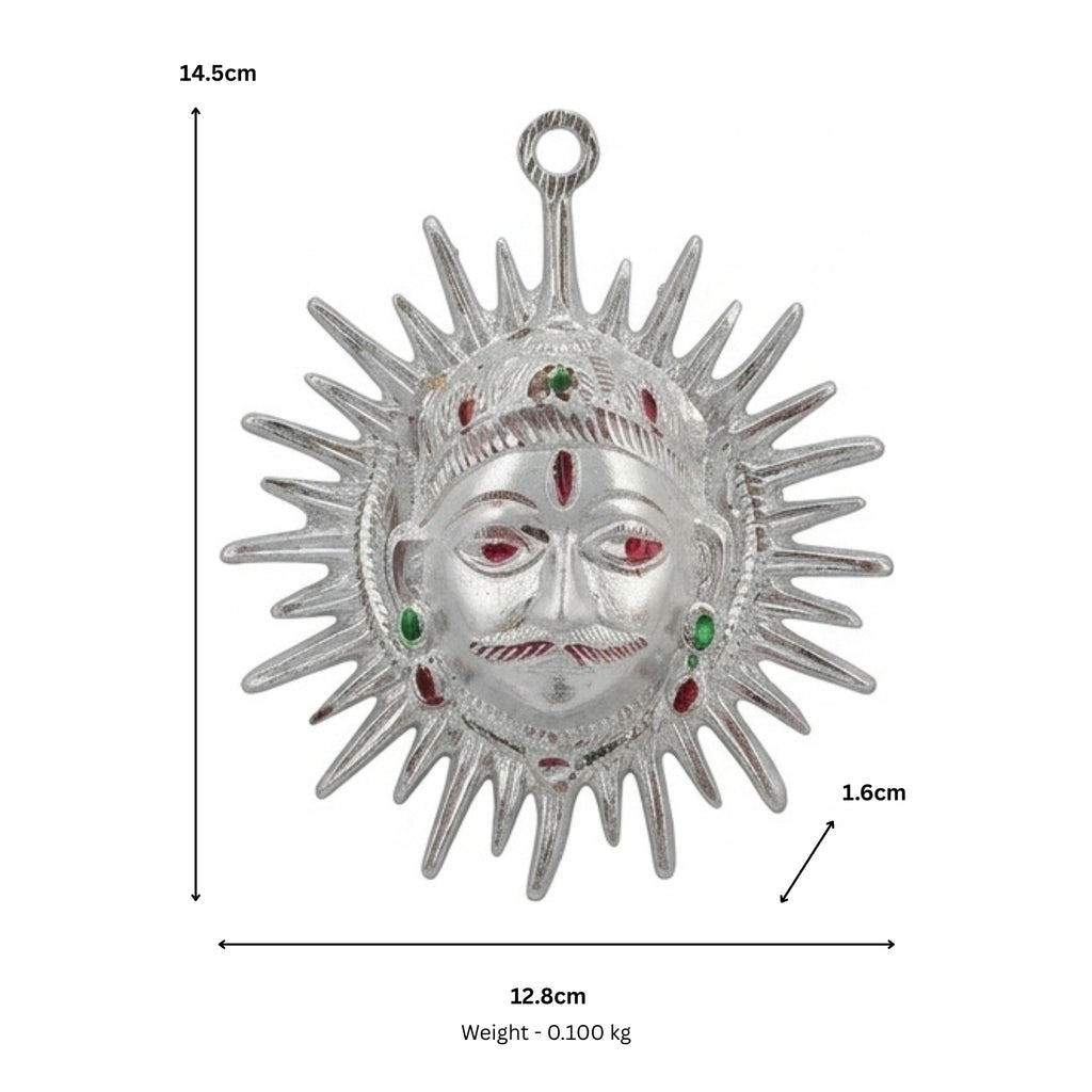 Handcrafted White Metal Surya Dev Sun Face Wall Hanging – Traditional Silver-Finish Vastu & Feng Shui Decorative Plaque with Enamel Highlights W-181-A