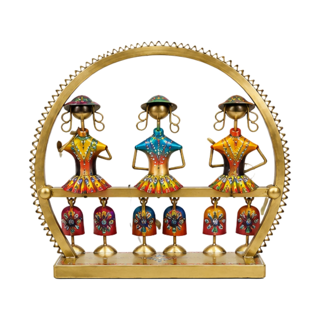 Traditional Indian Metal Art Handcrafted Trio Musician Sculpture – Vibrant Rajasthani Hanging Doll T-Light Holder / Figurine for Living Room, Diwali Festival, and Gifting I-299-A
