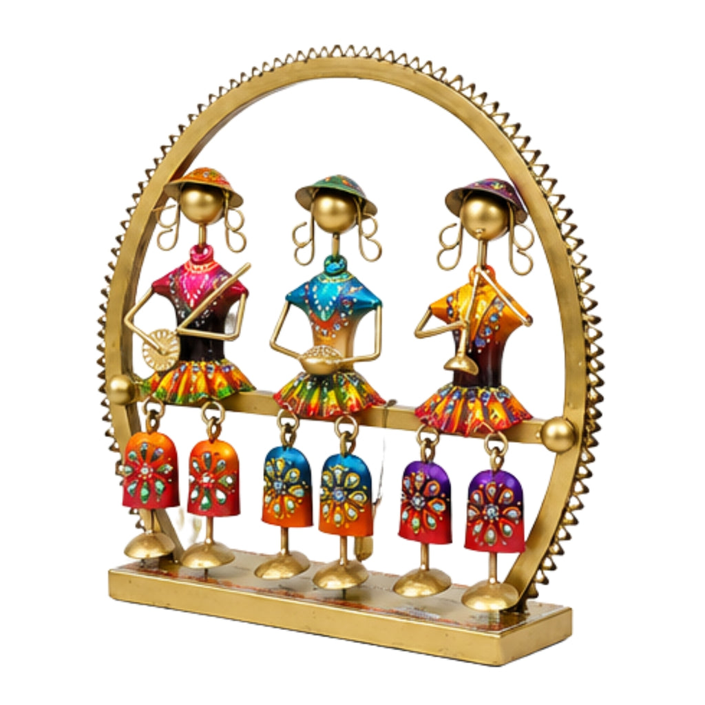 Traditional Indian Metal Art Handcrafted Trio Musician Sculpture – Vibrant Rajasthani Hanging Doll T-Light Holder / Figurine for Living Room, Diwali Festival, and Gifting I-299-A