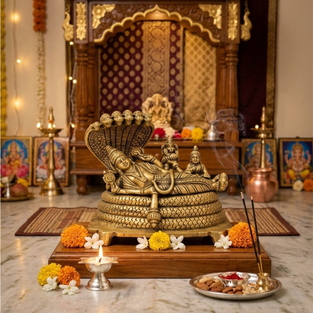 Handcrafted Brass Anantha Sayanam Vishnu Idol – Reclining Lord Vishnu on Sheshnag Couch with Goddess Lakshmi BR-351-A