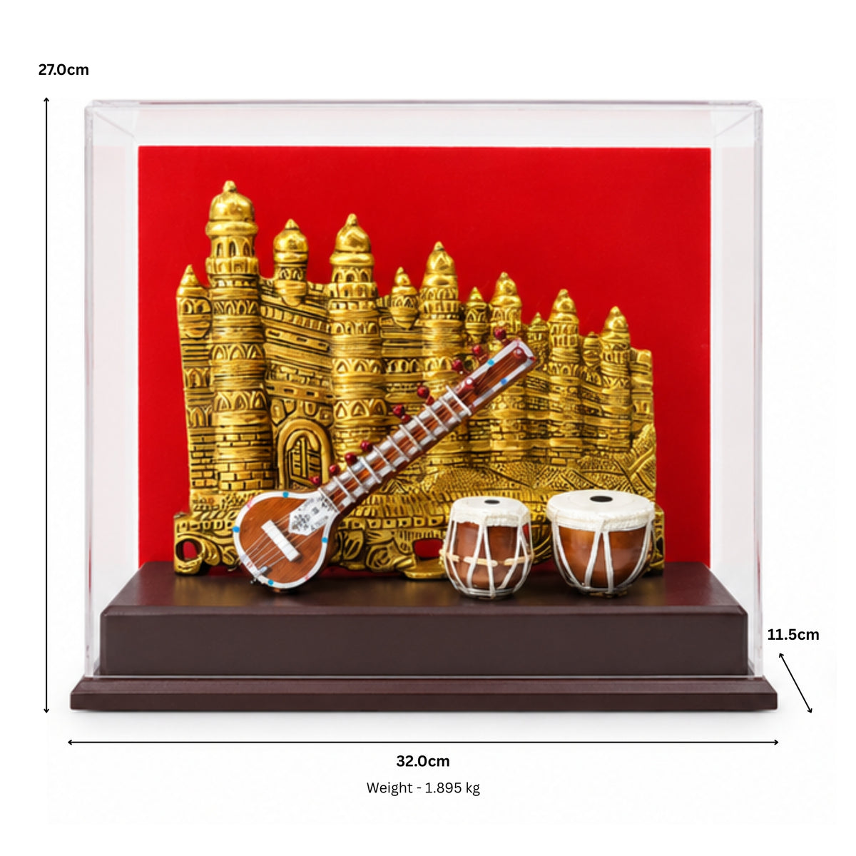 Premium Handcrafted Indian Classical Music Heritage Souvenir | Golden Gwalior Fort & Miniature Sitar-Tabla Replica Set in Acrylic Display Case GC-W-169-D