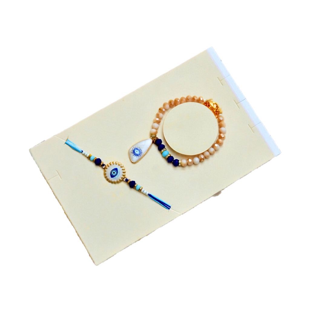 Premium Raksha Bandhan Evil Eye Gift Hamper with Bracelet, Traditional Jhumka Earrings, Chocolates, and Mixed Dry Fruits RC-14