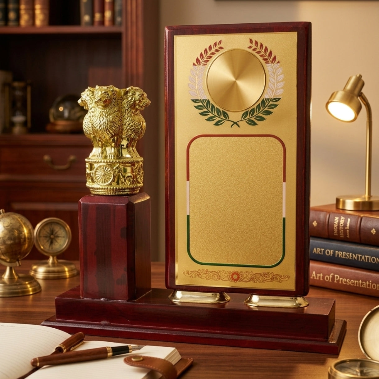 Premium Wooden Recognition Shield with Golden Plate and Fiber Ashoka Lion Emblem Pillar M-615-A