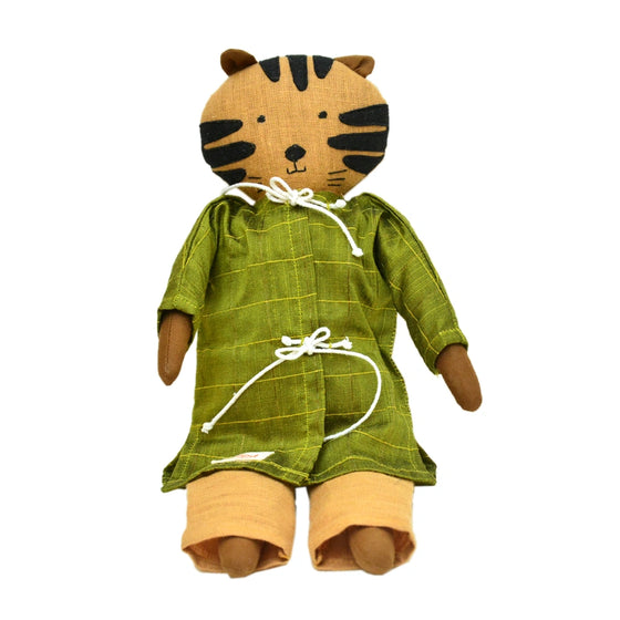 Handmade Fabric Animal Doll “Tiger Bhai” in Traditional Green Kurta GD-12