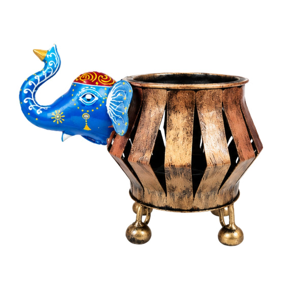 Handcrafted Rajasthani Iron Elephant Planter & T-Light Holder – Traditional Indian Wrought Iron Antique Gold Slotted Pot with Vibrant Hand-Painted Blue Trunk Showpiece I-313-A