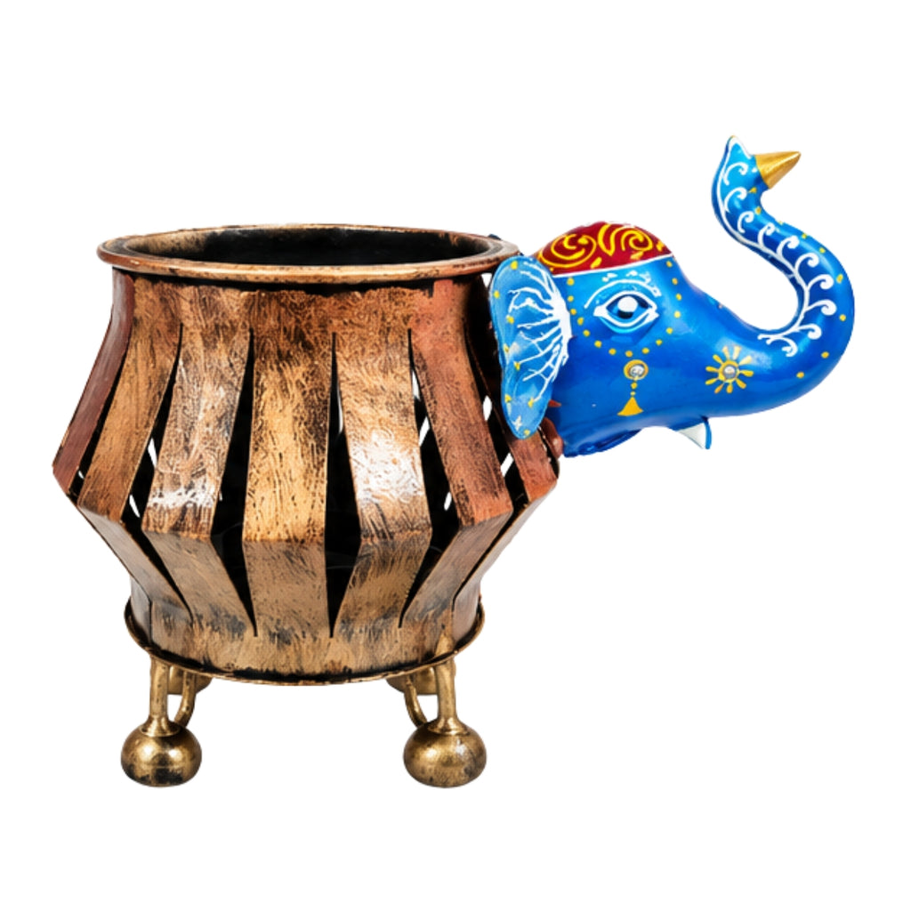 Handcrafted Rajasthani Iron Elephant Planter & T-Light Holder – Traditional Indian Wrought Iron Antique Gold Slotted Pot with Vibrant Hand-Painted Blue Trunk Showpiece I-313-A