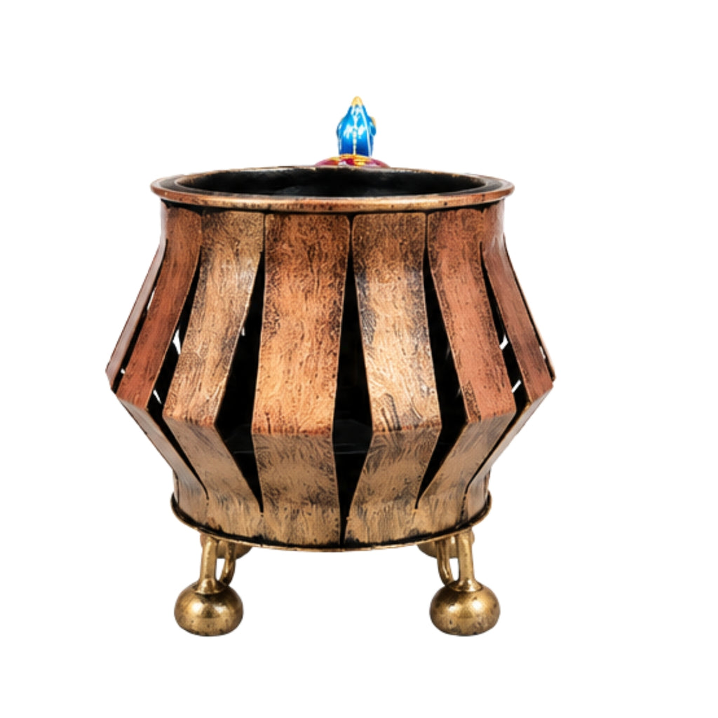 Handcrafted Rajasthani Iron Elephant Planter & T-Light Holder – Traditional Indian Wrought Iron Antique Gold Slotted Pot with Vibrant Hand-Painted Blue Trunk Showpiece I-313-A