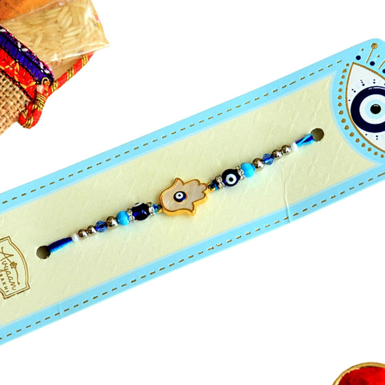Modern Hamsa Hand Rakhi – RK-91 | Protective Evil Eye Charm with Blue Beads Rakhi for Brother