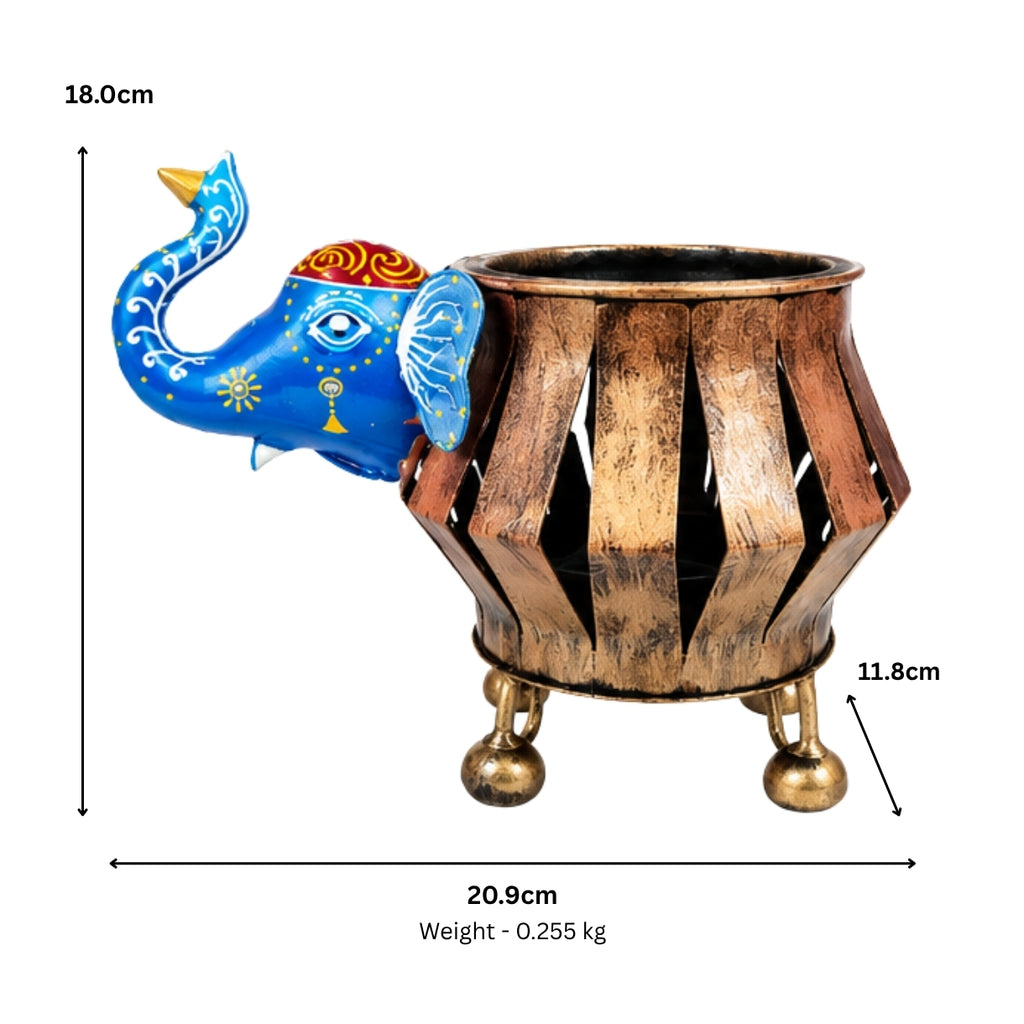 Handcrafted Rajasthani Iron Elephant Planter & T-Light Holder – Traditional Indian Wrought Iron Antique Gold Slotted Pot with Vibrant Hand-Painted Blue Trunk Showpiece I-313-A