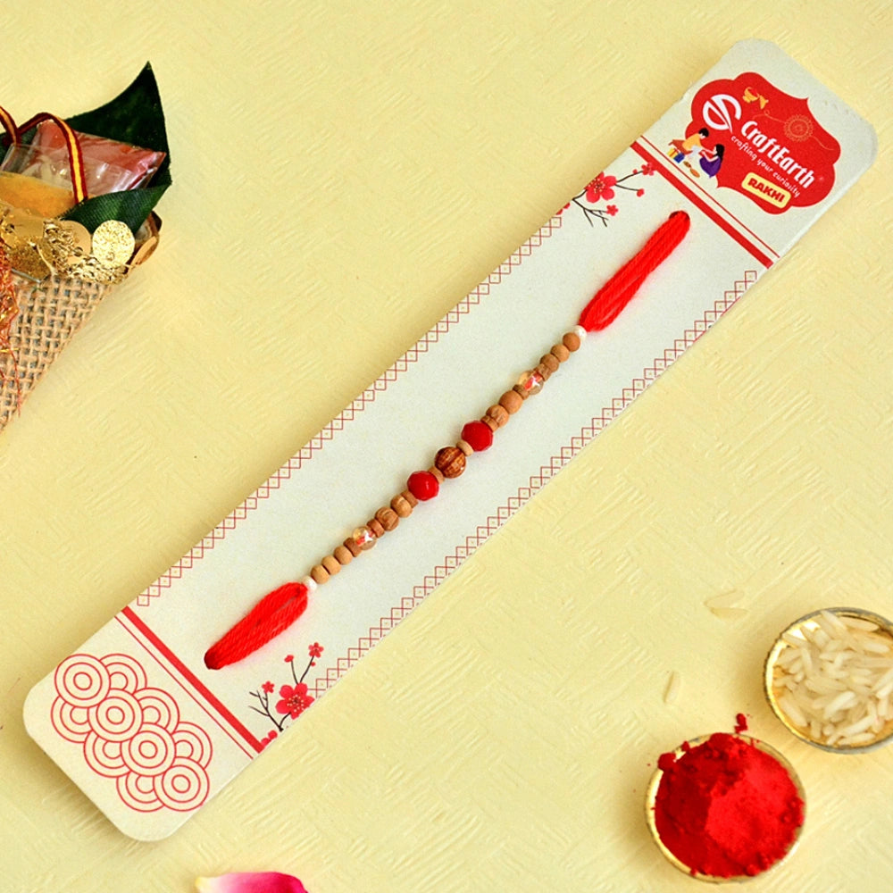 Rustic Charm Rakhi – RK-123 | Traditional Red Thread with Natural Wooden Beads