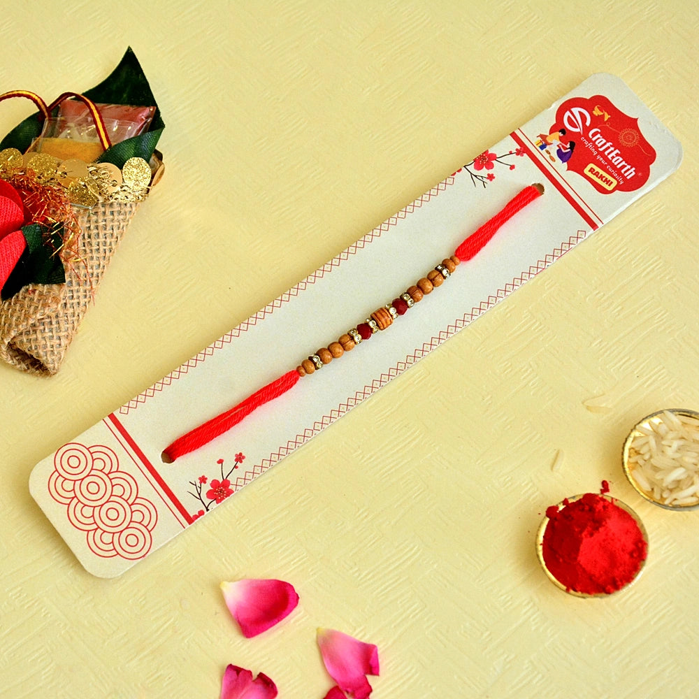 Traditional Wood Bead Rakhi – RK-124 | Minimal Red Thread with Natural Charm