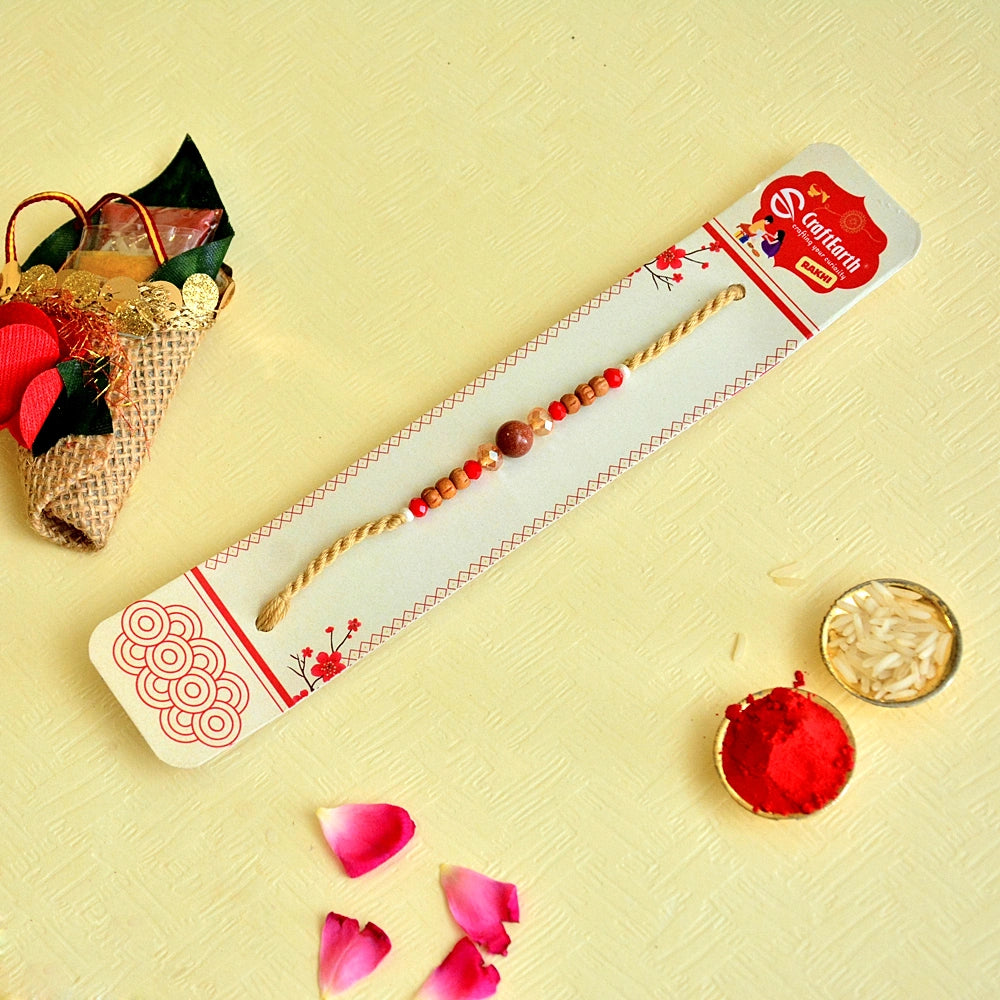 Rustic Wooden Beads & Crystal Accents Rakhi - RK-125 | Natural Beads & Golden Thread for a Serene Blessing