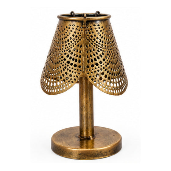 Vintage Style Brass Finish Iron Desk Lamp Showpiece – Traditional Indian Perforated Jaali Pattern Candle Lantern with Pedestal Base for Cozy Ambiance I-198-A