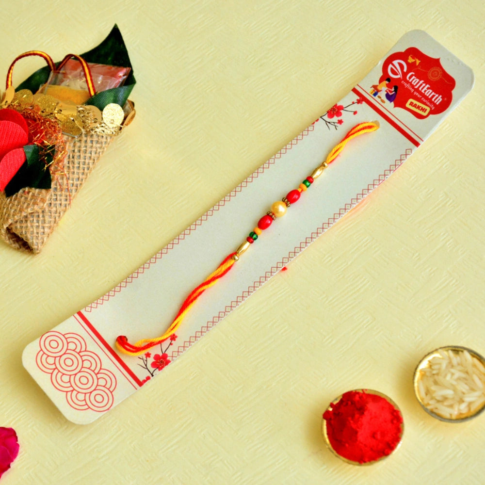 Classic Red & Gold Rakhi – RK-138 | Traditional Beaded Design with Dual-Color Thread