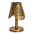 Vintage Style Brass Finish Iron Desk Lamp Showpiece – Traditional Indian Perforated Jaali Pattern Candle Lantern with Pedestal Base for Cozy Ambiance I-198-A