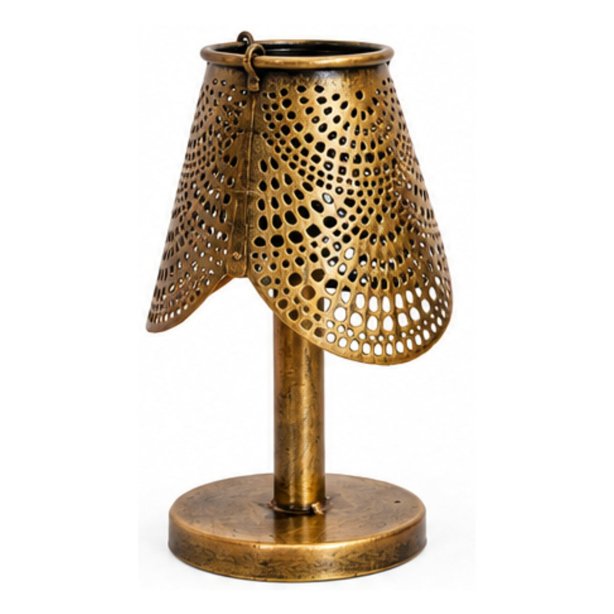 Vintage Style Brass Finish Iron Desk Lamp Showpiece – Traditional Indian Perforated Jaali Pattern Candle Lantern with Pedestal Base for Cozy Ambiance I-198-A