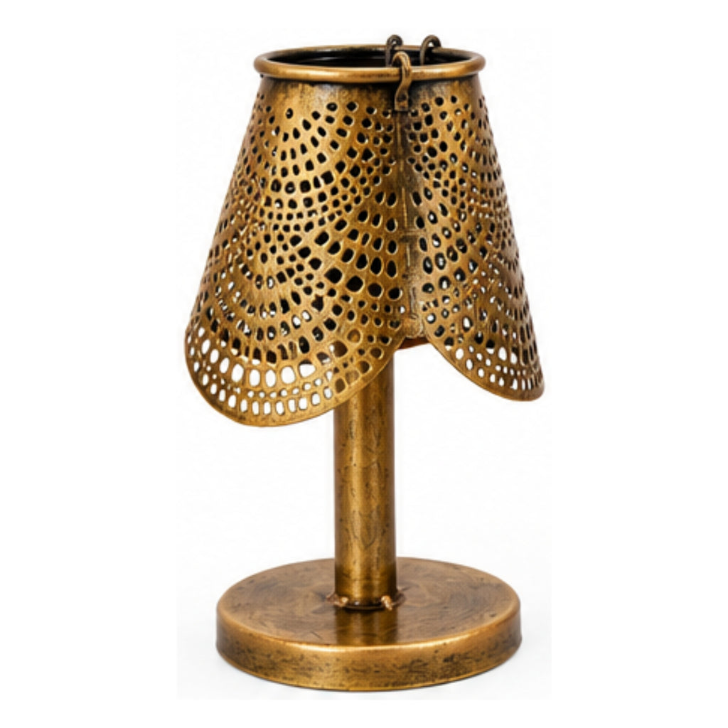 Vintage Style Brass Finish Iron Desk Lamp Showpiece – Traditional Indian Perforated Jaali Pattern Candle Lantern with Pedestal Base for Cozy Ambiance I-198-A