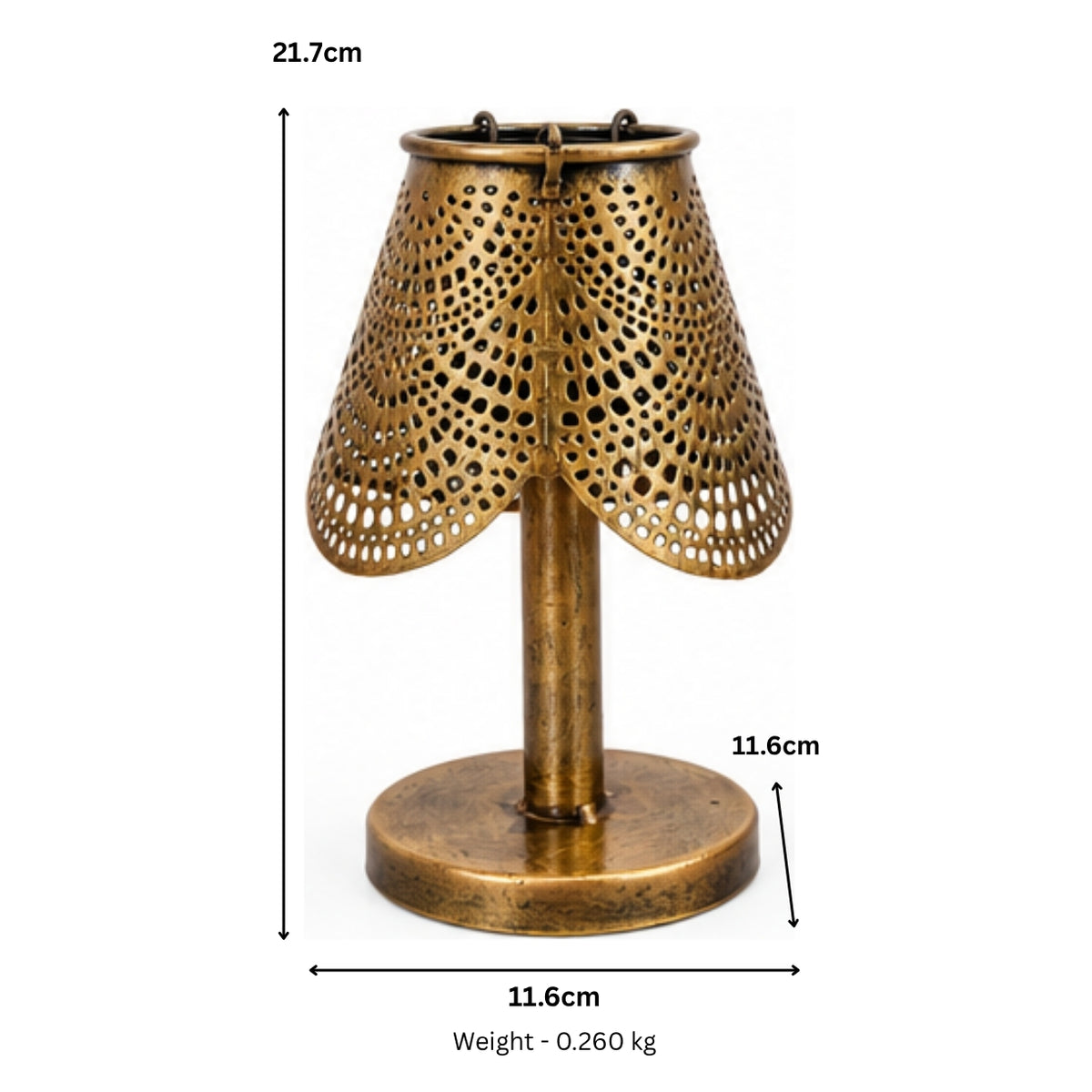 Vintage Style Brass Finish Iron Desk Lamp Showpiece – Traditional Indian Perforated Jaali Pattern Candle Lantern with Pedestal Base for Cozy Ambiance I-198-A