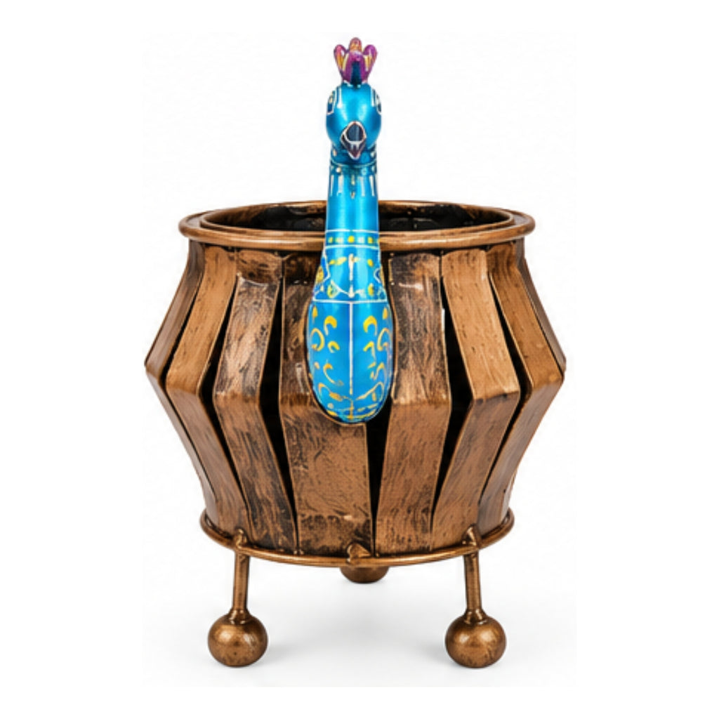 Rajasthani Wrought Iron Peacock Metal Planter and Decorative Urn I-314-A