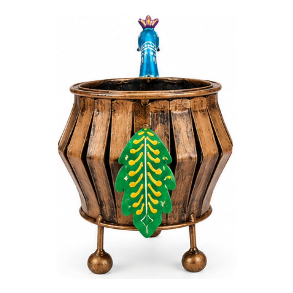 Rajasthani Wrought Iron Peacock Metal Planter and Decorative Urn I-314-A