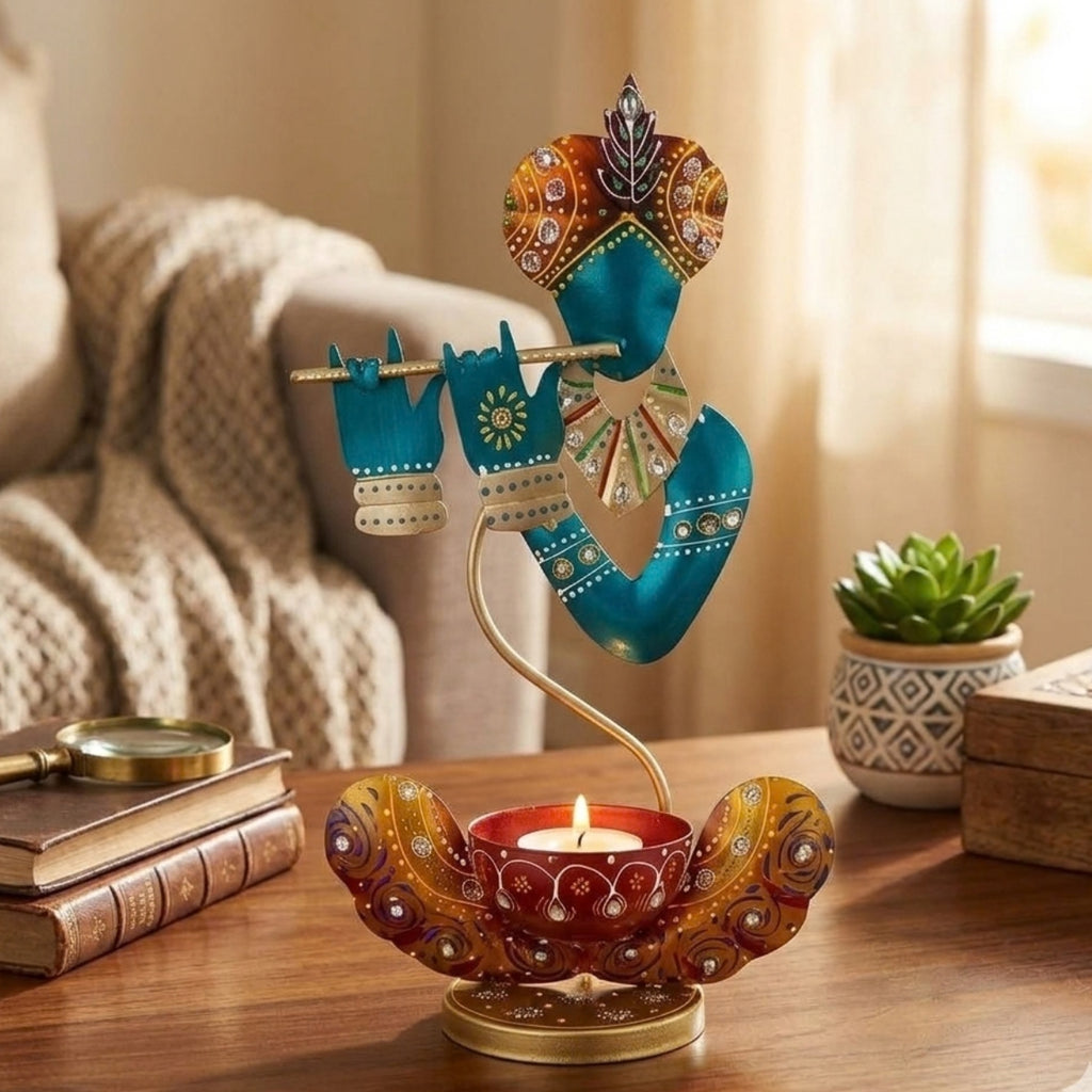Handcrafted Rajasthani Iron Lord Krishna Figurine with Flute – Traditional Indian Wrought Iron Krishna Idol Showpiece with Tealight Candle Holder for Home Decor I-211-A