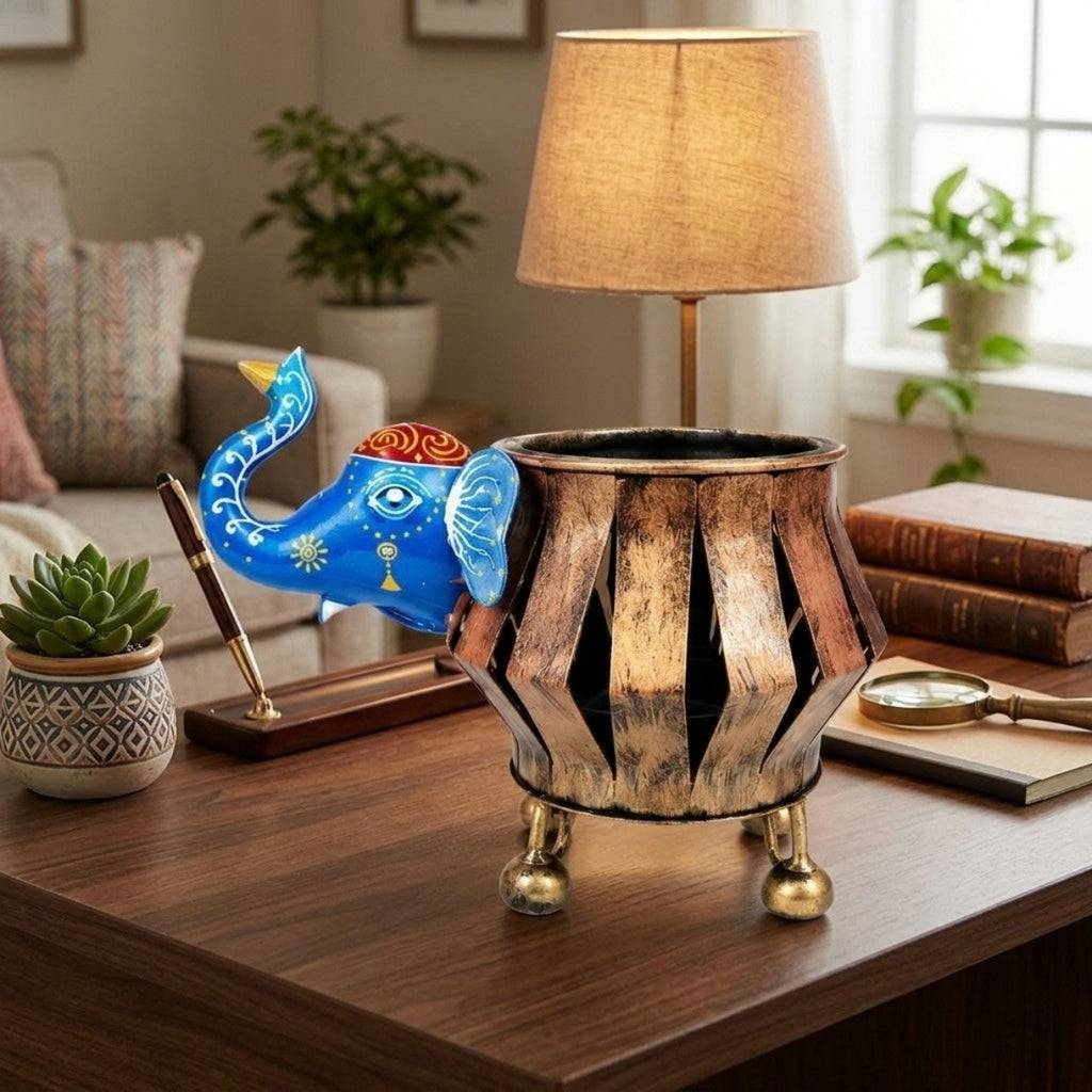 Handcrafted Rajasthani Iron Elephant Planter & T-Light Holder – Traditional Indian Wrought Iron Antique Gold Slotted Pot with Vibrant Hand-Painted Blue Trunk Showpiece I-313-A