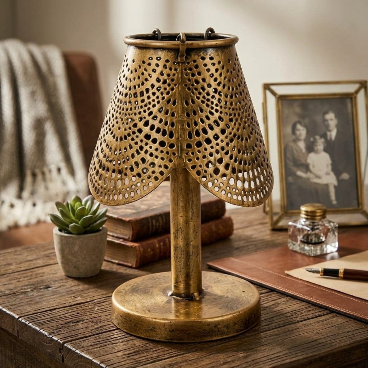 Vintage Style Brass Finish Iron Desk Lamp Showpiece – Traditional Indian Perforated Jaali Pattern Candle Lantern with Pedestal Base for Cozy Ambiance I-198-A