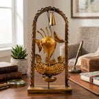 Handcrafted Wrought Iron Ganesha Figurine in Arch Frame – Traditional Antique Gold Metal Lord Ganesha Showpiece with Hanging Bell and Diya / T-Light Holder for Home Temple I-186-A