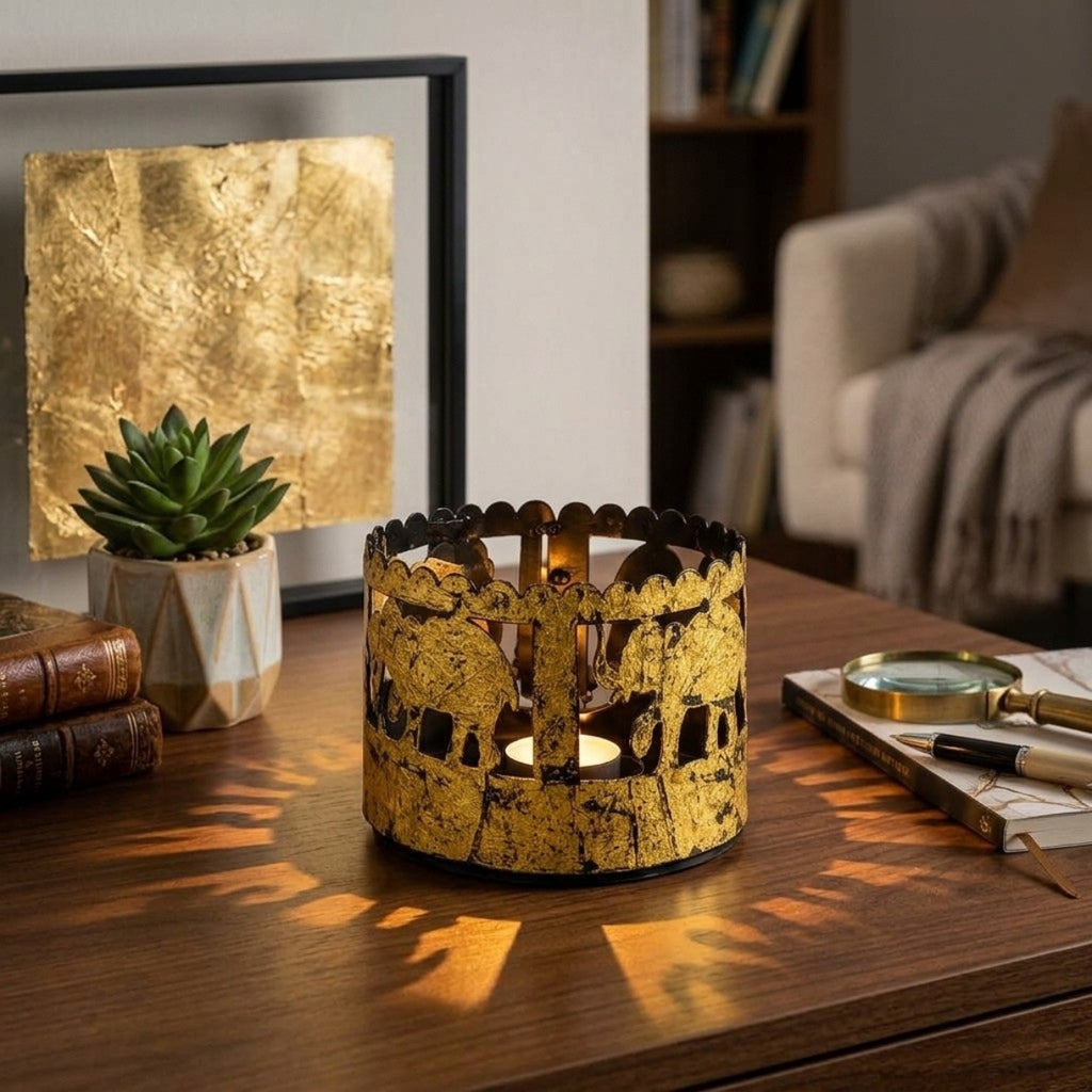 Vintage Style Indian Metal Art Elephant Silhouette Candle Stand – Perforated Jaali Pattern Tealight Holder for Living Room Tabletop, Diwali, and Gifting I-68-A