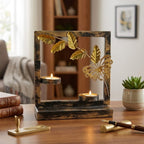 Handcrafted Metal Butterfly and Leaf T-Light Candle Holder – Double Votive Stand with Antique Gold and Black Distressed Finish I-65-A