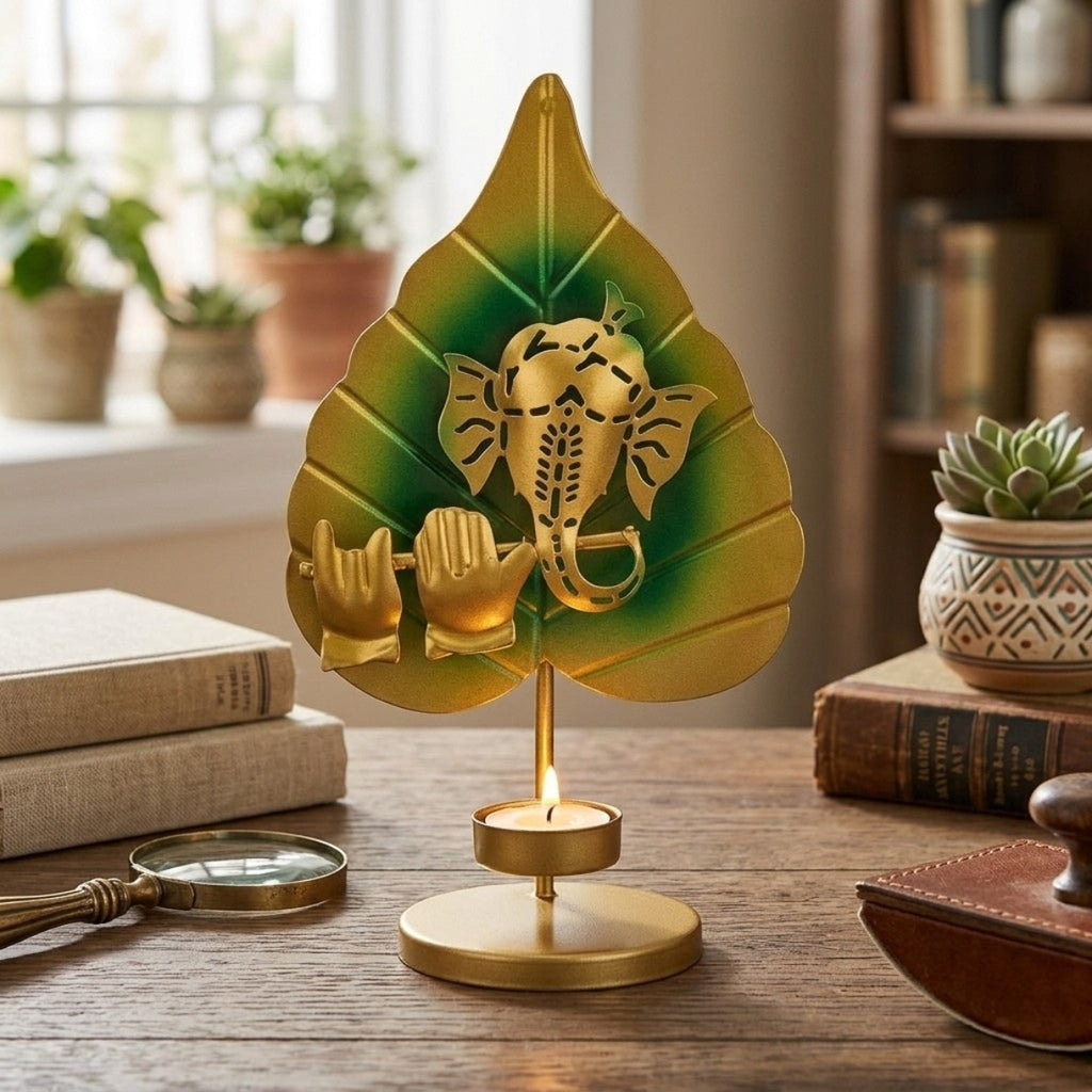 Golden Metal Ganesha Leaf Figurine with Flute and T-Light Holder I-203-A
