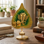 Golden Metal Ganesha Leaf Figurine with Flute and T-Light Holder I-203-A