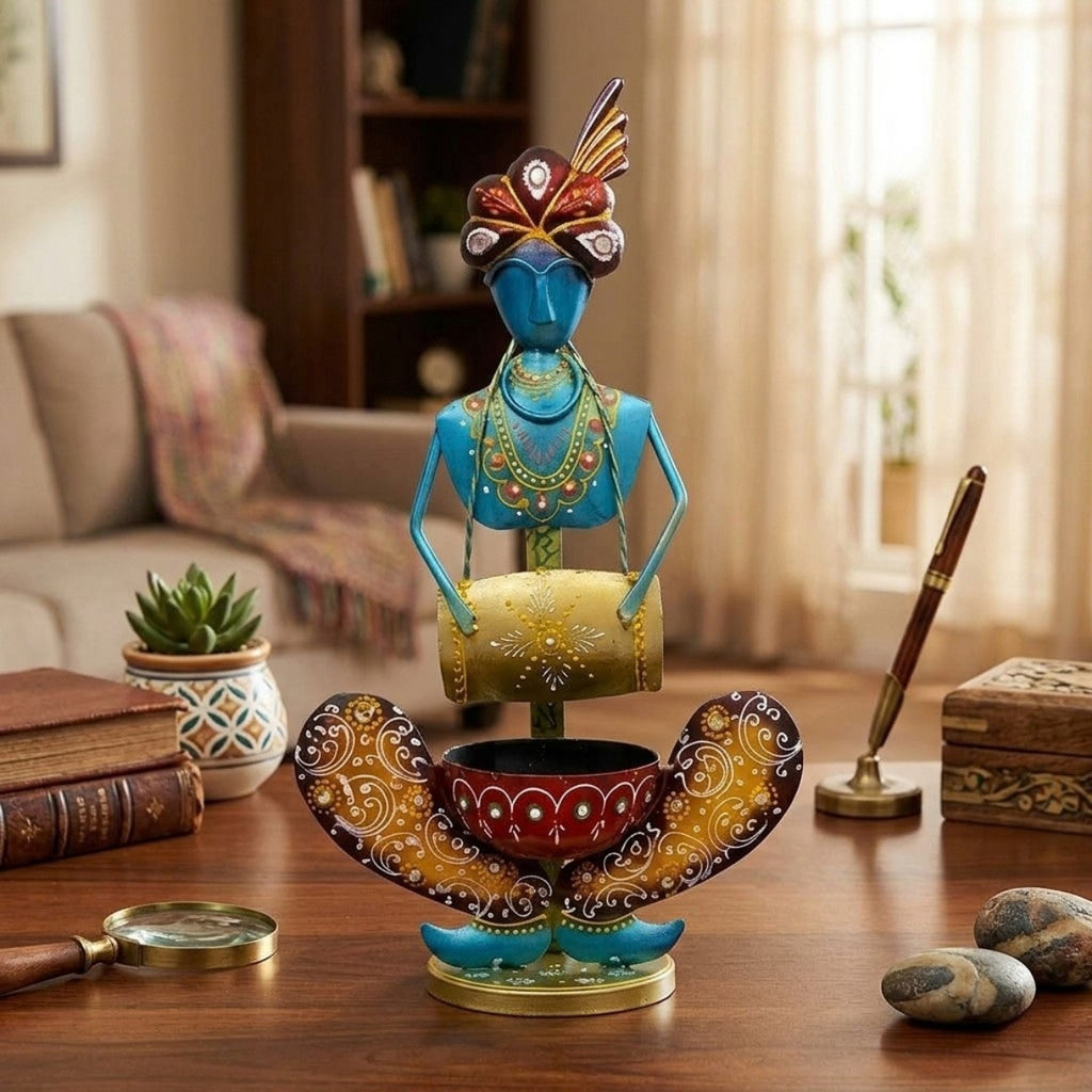 Handcrafted Rajasthani Iron Musician Figurine with Dholak – Traditional Indian Wrought Iron Tribal Drummer Doll Showpiece with Tealight Candle Holder for Home Decor I-236-B