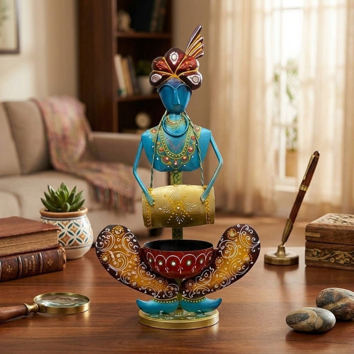 Handcrafted Rajasthani Iron Musician Figurine with Dholak – Traditional Indian Wrought Iron Tribal Drummer Doll Showpiece with Tealight Candle Holder for Home Decor I-236-B