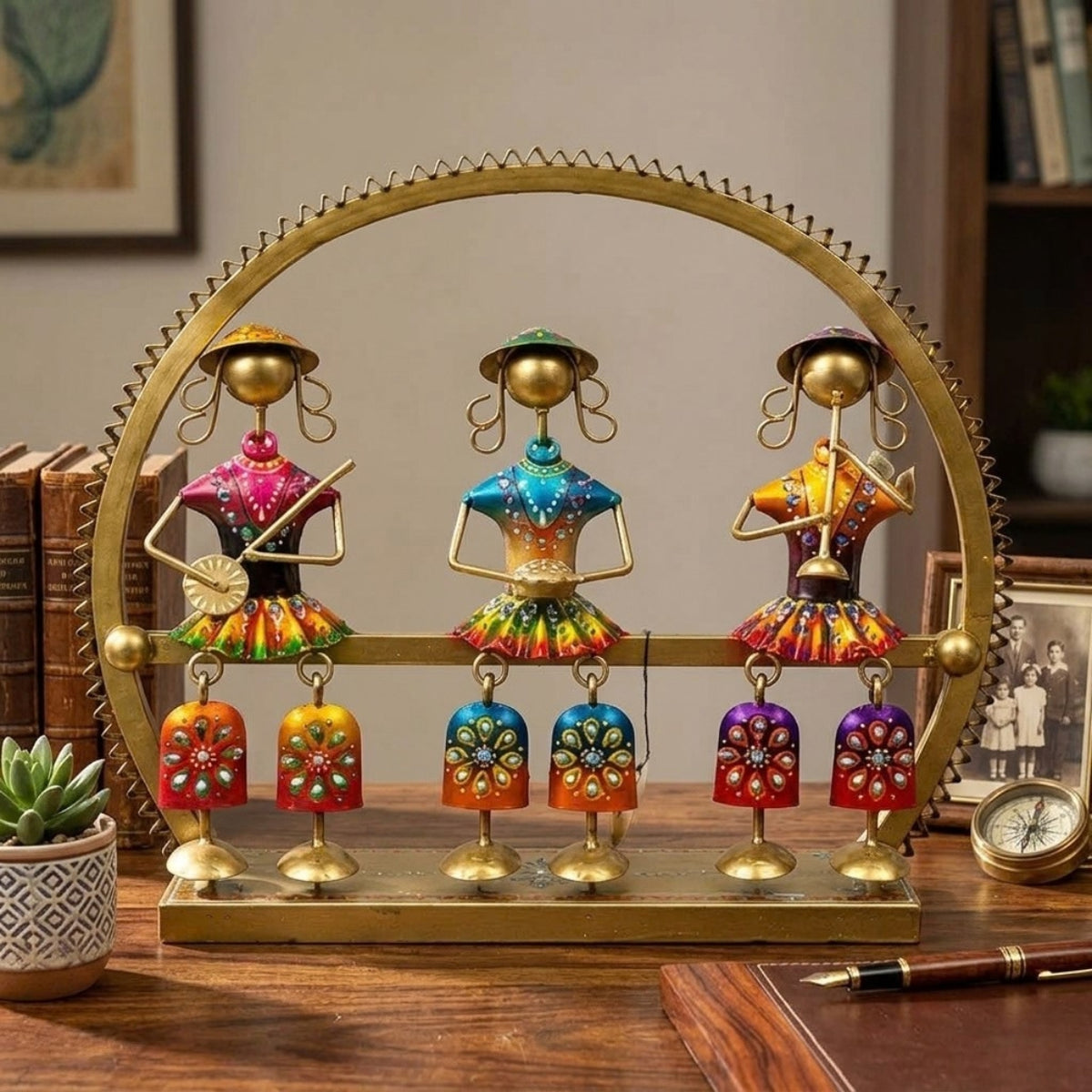 Traditional Indian Metal Art Handcrafted Trio Musician Sculpture – Vibrant Rajasthani Hanging Doll T-Light Holder / Figurine for Living Room, Diwali Festival, and Gifting I-299-A